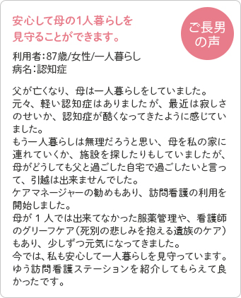 安心して母の１人暮らしを見守ることができます。利用者：87歳/女性/一人暮らし/病名：認知症